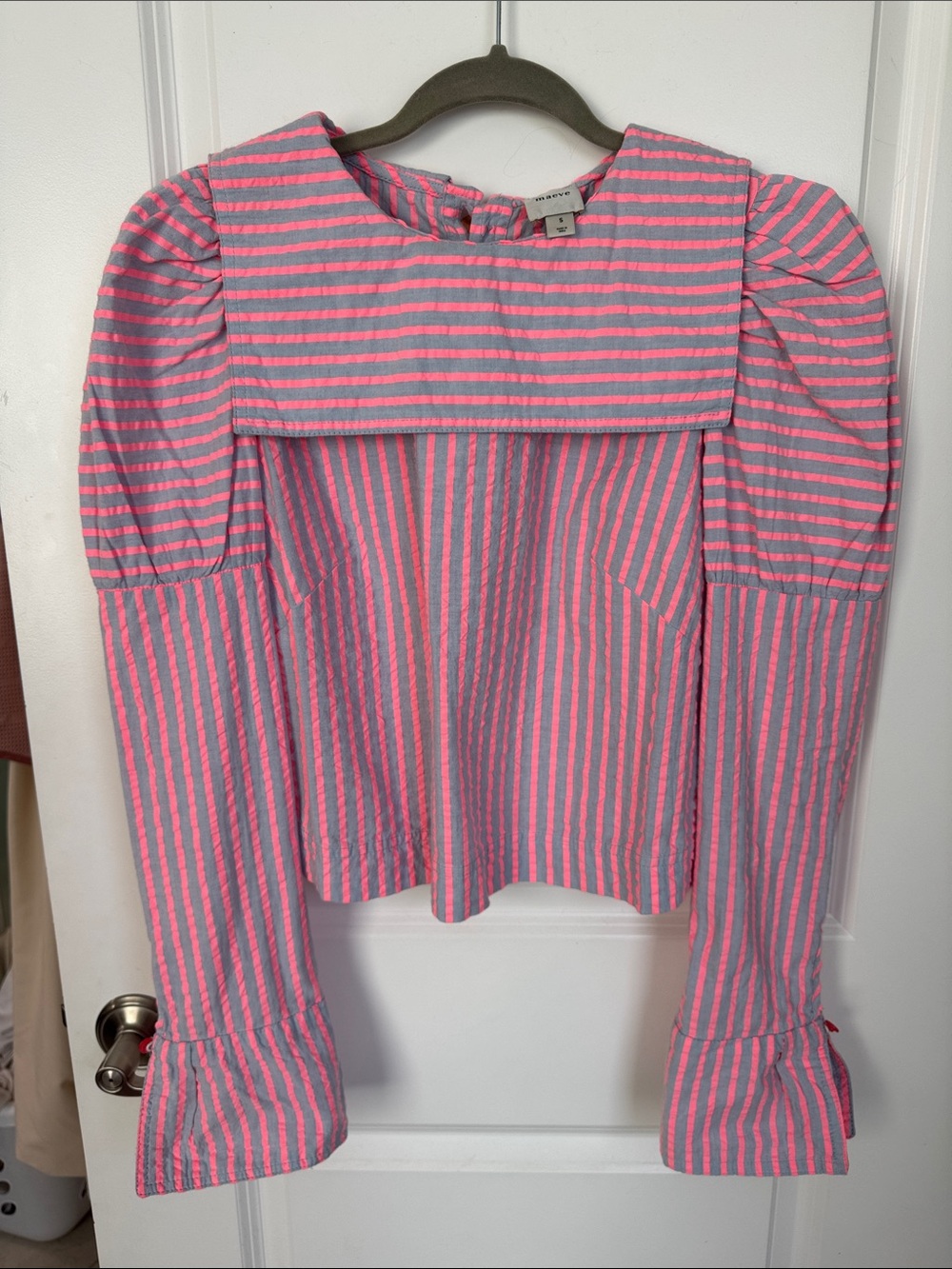 Anthropologie Maeve Striped Pink and Gray Sailor-Collar Blouse with Puff Sleeves